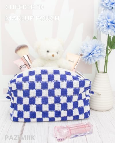 Checkered Makeup Bag for Purse, Small Travel Cosmetic Pouch,Sapphire Blue - color: Sapphire Blue