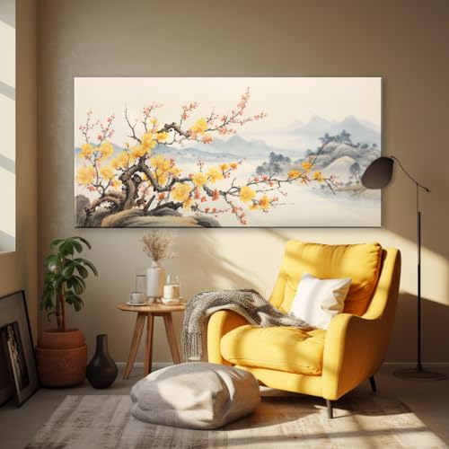 Traditional Chinese Painting - Asian Wall Art: Yellow Plum Blossom Canvas, Cherry Blossom Landscape, Framed, Ready to Hang for Living Room Decor - color: Yellow-One Piece, size: 24"L x 12"W