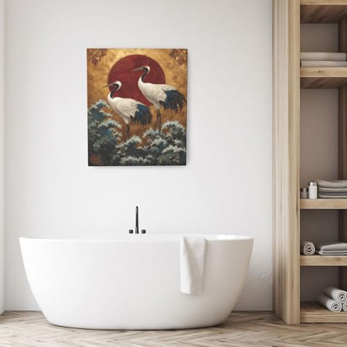 Japanese Crane Wall Art Gold Oriental Asian Wall Decor Sandhill Crane Canvas Pictures Paintings Prints Japan Traditional Aesthetic Artwork Framed Chinese Decorations For Bedroom Living Room Office Gifts 20" x 24" - color: Gold Crane, size: 24"L x 20"W