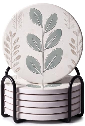 VEYRO Ceramic Coasters Set of 6 – Absorbent Stone Drink Coasters with Holder, Non-Slip Cork Backing, Modern Marble Look Coasters for Coffee Table, Desk & Home Decor - color: Leaves 2, size: Set of 6