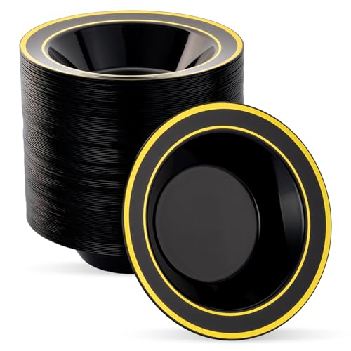 realluck 100 Pack Black Disposable Soup Bowls with Gold Rim - color: Black, size: 100Pack