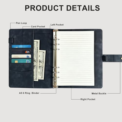 A5 6 Ring PU Leather Binder Notebook Refillable Planner Organizer, Budget Binder with Pockets Dividers Refill Paper for Office School Travel Diary (Black) - color: Black