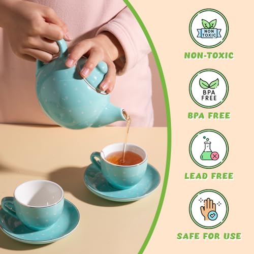 Sweejar Porcelain Tea Set for Little Girls,Kitchen Toys Tea Party Set for Kids Toddler Kitchen Pretend Toy Include Children Teapot, Cup & Saucer Set of 4, Sugar Bowl and Cream Pitcher(Pink Polka Dot) - color: Pink, style: Polka Dot