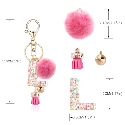 Resin Alphabet Initial Letter Keychain Keyring for Women Purse Handbags With Fur Ball Pom - color: Deep Pink Fur Ball Letter L