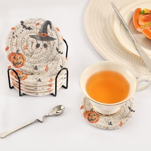 Cute Halloween Drink Coasters Set - 6 Pcs Minimalist Woven Coasters with Holder for Home Decor, 3.94 Inch Absorbent Coasters for Drinks - color: A03