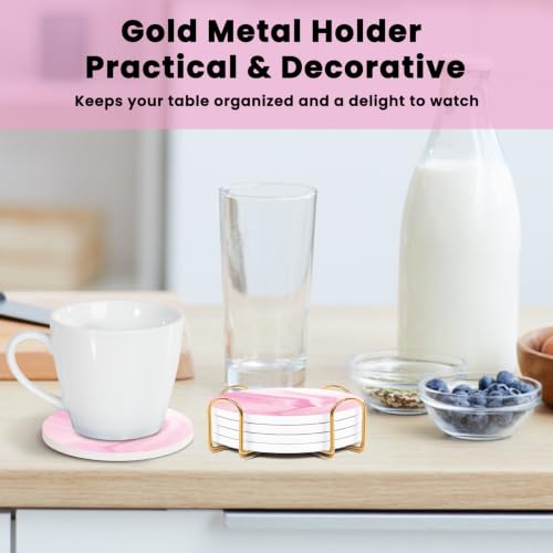 Pink Absorbent Coasters for Drinks Set of 4 with Gold Holder