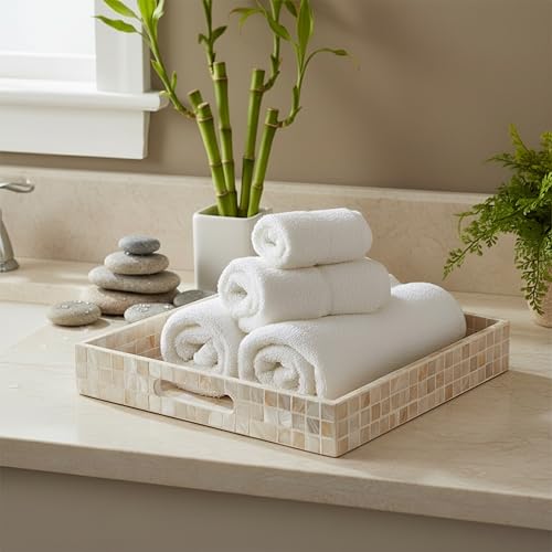 PEMAR Handcrafted Mother of Pearl Decorative Tray with Handles - 12" Square Mosaic Inlay Organizer for Coffee Table, Ottoman, Vanity & Bathroom - Luxury Coastal Home Decor (White Cream Squares) - color: White Squares