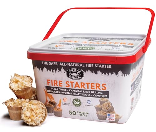 Superior Trading Fire Starter Pods in Plastic Bucket - Fire Starters for Campfires, BBQ, Grill, Pit, Wood Stove & Charcoal Starter, 15-20-Min Burn, 50 Extra Large Pods, USA Made, Brown, 3 Lbs