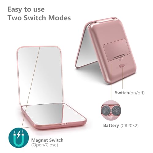 Kintion Pocket Mirror, 1X/3X Magnification LED Compact Mirror (Rose Gold) - color: Rose Gold