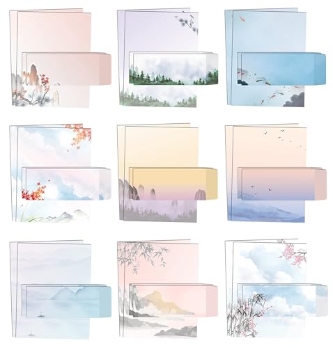 Better Office Products Japanese Watercolor Stationery Paper Set, 100 Piece Set (50 Sheets + 50 Matching Envelopes), Letter Size 8.5 x 11 inch, 9 Designs, Double Sided Printing Paper, - size: 8.5 x 11 Inch
