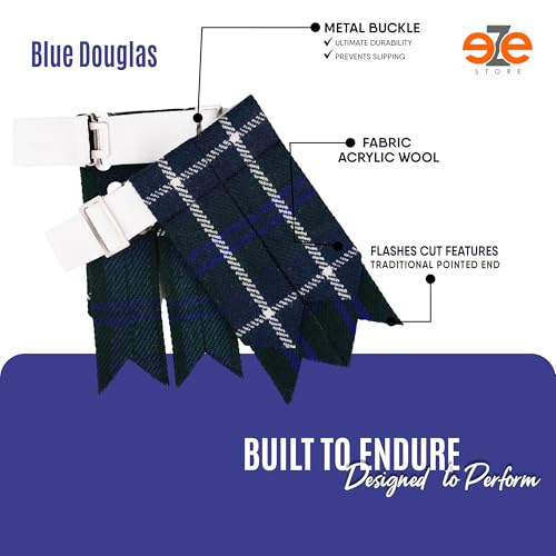 EZE Kilt Flashes for Men with Heavy Buckle Adjusters, Plain & Tartan Kilt Sock Flashes Acrylic Wool - color: Blue Douglas