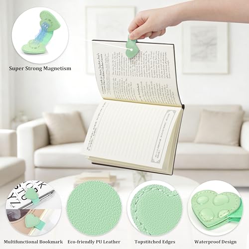 2Pcs Magnetic Leather Bookmarks with Pen Holder Gift Box, Heart-Shaped Magnetic Book Marks for Book Lover Readers Cute Leather Bookmark for Women Girls (Green) - color: Green