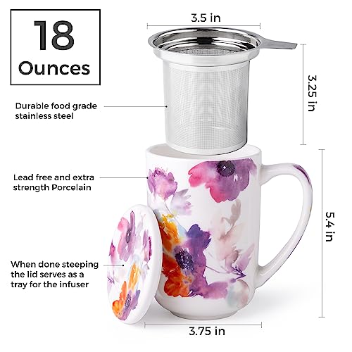 AmorArc Tea Cup With Infuser and Lid, 18oz Loose Leaf Tea Mug With Steeper - color: Anemone