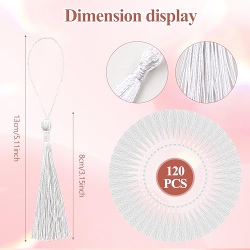 NACHLYNN 120 Pcs Bookmark Tassels Bulk 13cm/5 Inch Silky Handmade Soft Craft Mini Tassels for Jewelry Keychain Making with Loops for Dress Decoration DIY Craft Accessory (White) - color: White