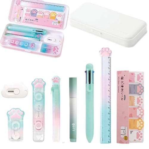 MOZXIRZ 9 Pcs Cute Green Stationery Set Cat Paw School Supplies Kawaii Office Supplies Including Pens Highlighter Pencil Sharpener Eraser Correction Tape Ruler Sticky Flag Tabs (Gradient Green) - color: Gradient Green