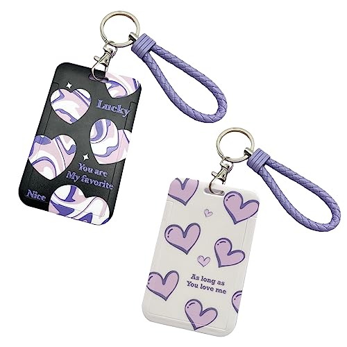 2 Pcs Kpop Photocard Holder Heart Style PC Holder ID Badge Holder with Keychain Hard Shell Protective Photo Sleeves (Black and White)