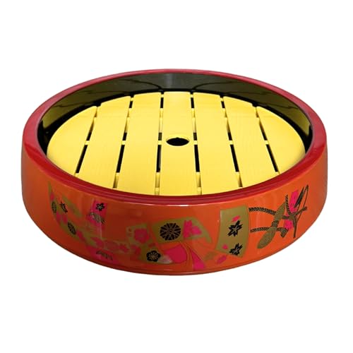 Red with Traditional Art Sushi Serving Tray - Round Sashimi Platter & Seafood Dish, Japanese Lacquered Plastic Tray for Weddings, Parties, BBQs, & Events with Ice Compartment - Large (11.5 Inch) - size: 11.5"