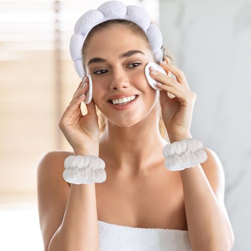 Beleki Spa Headband for Washing Face Wristband Set Sponge Headband Makeup Skincare Face Washing Headband Terry Cloth Bubble Puffy Hairband Non Slip Headwear Hair Accessory for Women - White - color: White