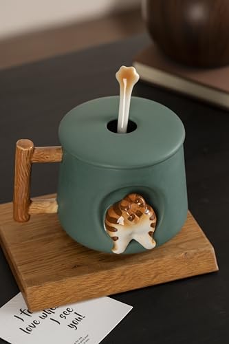 DIHOclub Adorable 3D Ceramic Animal Mug with Lid and Spoon - Perfect for Coffee, Tea, Milk, and More - Ideal Gift for Animal Lovers - 14 Ounces (Green Cat's tail) - color: Green Cat's tail