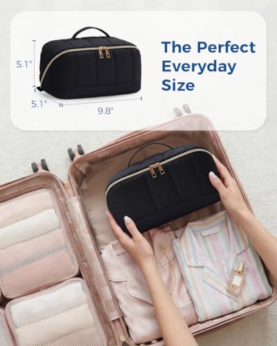 Makeup Bag for Women, Open Flat Puffy Organizer with Wipe-Clean PVC Lining - color: Black