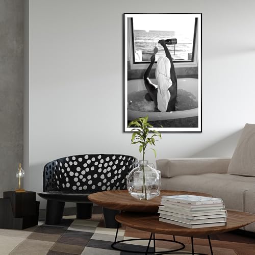 Trendy Black and White Poster Funny Woman Drinking Wine in Bathtub Wall Art Funky Girl Room Decor Fashion Vintage Bar Cart Canvas Prints for Dorm Bathroom Apartment Aesthetic 12x16in Metal Black Frame - color: Black Frame 4, size: 16"L x 12"W