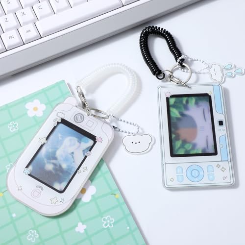 Mabor 2Pcs Cartoon Photo Card Holder, Photocard Holder Keychain Cute ID Badge Holders Acrylic Photocards Holders with Cloud Bear Pendant Spiral Wrist Coil