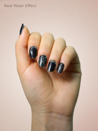 Real Gel Nail Strips (No UV Light Needed) - 44Pcs Salon Quality Nail Stickers - Long Lasting Polish Wraps for Women, Easy Apply & Remove (Midnight Shimmer) - color: Midnight Shimmer Black