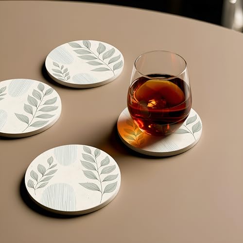 VEYRO Ceramic Coasters Set of 6 – Absorbent Stone Drink Coasters with Holder, Non-Slip Cork Backing, Modern Marble Look Coasters for Coffee Table, Desk & Home Decor - color: Leaves 1, size: Set of 6