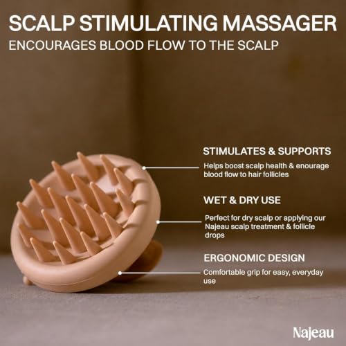 NAJEAU Handheld Scalp Stimulating Massager - Increases Scalp Circulation to Encourage Hair Growth, Enhances Product Absorption, Boosts Scalp Health, Exfoliates, Use Wet or Dry