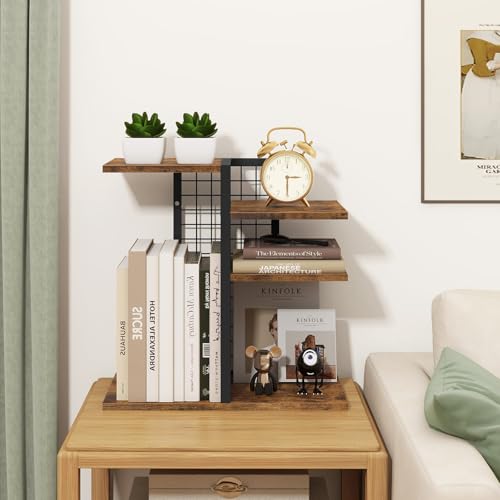 ELITEROO Desktop Shelf Organizer, 4-Tier Wooden Desk Bookshelf, Small Tabletop Book Shelf, Adjustable Display Rack for Home, Office, Dorm, Rustic Brown - color: Brown