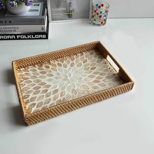 Handmade Mother of Pearl Rattan Serving Tray with Handles 13" x 9" Natural Shell Mosaic Pattern Ottoman Tray for Storage and Display of Coffee Bread Food Fruit (Gold Leaf) - color: Gold Leaf