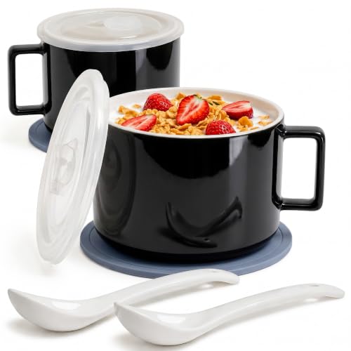 Ceramic Soup Bowls with Handles & Lids, Set of 2 with Spoons & Trivets, 30oz Large Soup Mugs, Oven Safe Bowls for Soup, Ramen, Oatmeal & Cereal, Microwave & Dishwasher Safe, Black - color: Black