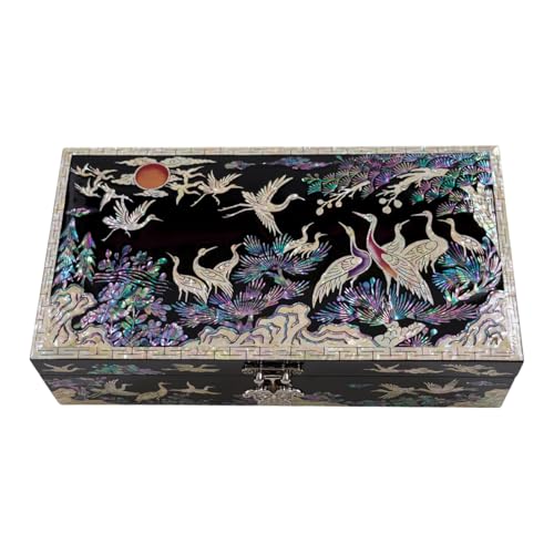 February Mountain Mother of Pearl Jewelry Organizer box - Handmade Large Wooden Box Romantic Anniversary Birthday Gifts for women (Cranes with Red Sun) - style: Cranes with Red Sun