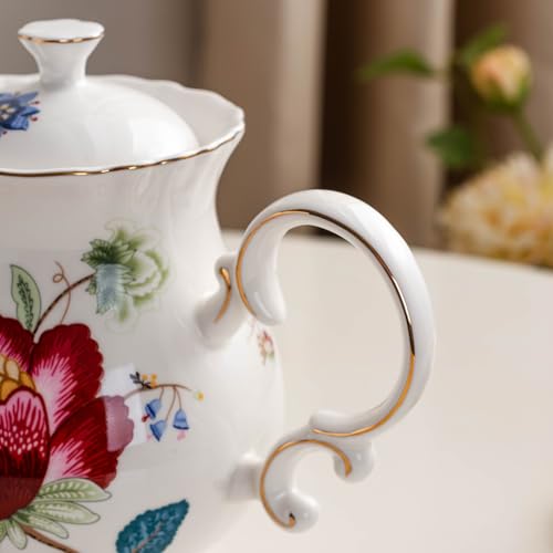 European Style Ceramic Flower Teapot Coffee Pot Water Pot Porcelain Gift Large 5.5 Cups (1, Blue and Red) - color: Blue and Red