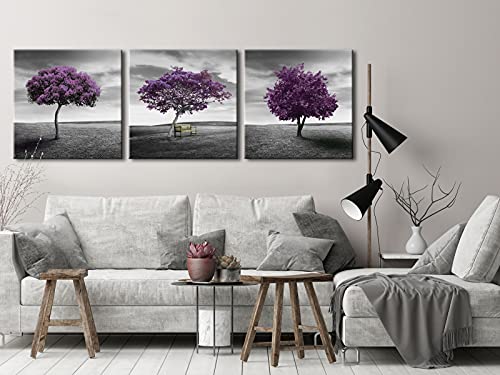 Pyradecor 3 Panels Purple Trees Giclee Canvas Prints Wall art Paintings for Living Room Bedroom Home Decorations Large Modern Gallery Wrapped Landscape Fall Forest Pictures Artwork Ready to Hang L - size: 20 x 20 inch x 3 pcs (50 x 50 cm x 3 pcs)