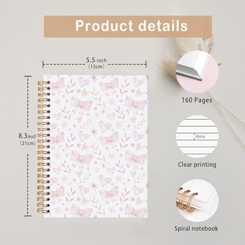 MOFUYU Cute Notebooks for School,Pink Bow Hardcover Spiral Notebook - color: Floral bows2(pink)