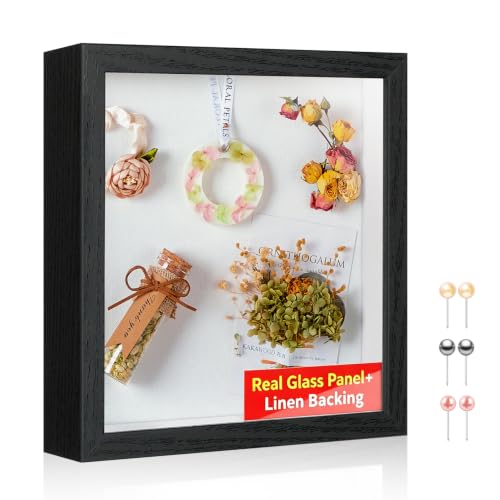 12x12 Shadow Box Picture Frame with Real Glass Panel and Linen Back - color: Black + Thickened Panel + Foam Packaging, size: 12x12