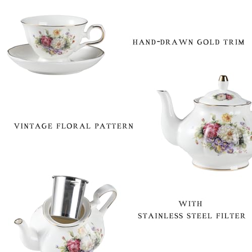 Sweejar Porcelain Tea Set Vintage Floral, British Relief Gold Rim Teapot Cup and Saucer Sets, 22-Piece Tea Sets for Adults, with Teapot, Sugar Bowl, Milk Jug, Spoons, Cup and Saucer (Flower Style) - color: Flower Style
