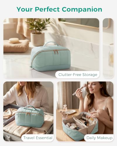 Makeup Bag for Women, Open Flat Puffy Organizer with Wipe-Clean PVC Lining - color: Green