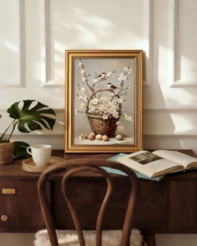 HUARCEY Gold Framed Canvas Wall Art, Bird Flower Basket Decor, 12x16 Inch - color: Bird Flower Basket, size: 16"L x 12"W
