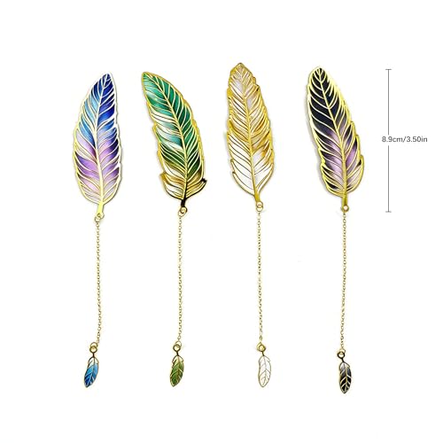 4Pcs Fantasy Feather Bookmarks for Books, Metal Bookmark with Chain, Unique Reading Accessories for Women Book Lovers, Teachers, Students - style: 4Pcs Feather