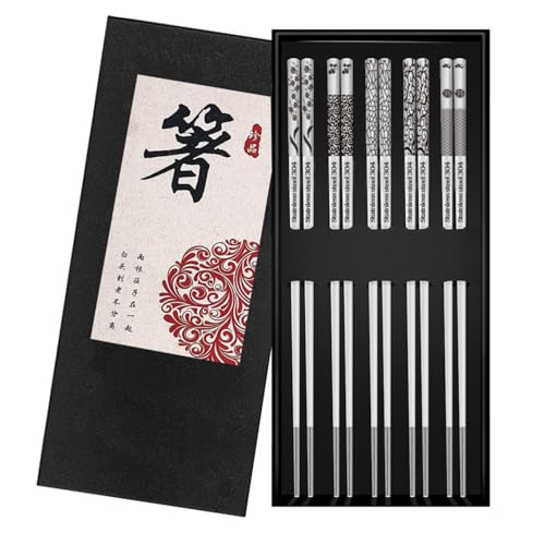 Metal Chopsticks Reusable 5 Pairs: Stainless Chopstick Set Dishwasher Safe,Non-Slip,Gift Box Packaging,Laser Engraved,Japanese Chinese Korean Chop Sticks for Cooking Eating - 5 Patterns