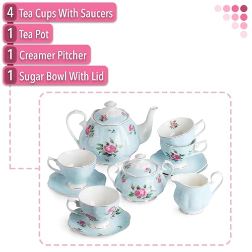 BTaT- Floral Tea Sets for Adults, 13 pcs, Service for 4, Pot (38 oz) & Cups (8 oz) with Saucers, Pastel Blue Floral Design, Porcelain Tea Set for Adult, Dishwasher Safe - color: Blue