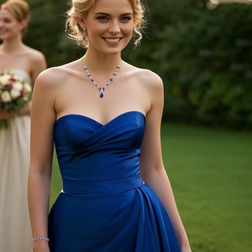 BriLove Wedding Jewelry Set for Women, Y-Necklace Tennis Bracelet Dangle Earrings with AAA Cubic Zirconia Teardrop for Bridal Bridesmaid - color: Sapphire Color Silver-Tone