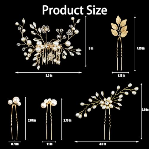 10 Pieces Gold Leaf Bridal Hair Pins, Wedding Headpiece Hair Jewelry with Pearl Rhinestone Wedding Hair Accessories for Bride Bridesmaids Flower Girls(Elegant Pearl)