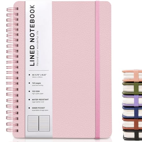 Lined Spiral Notebook for Women, A5 College Ruled Leather Spiral Journals - color: Pink, size: A5