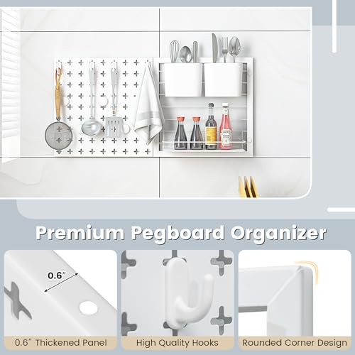 Goplus Peg Board, Metal Pegboard Kit with 2 Pegboard Panels, 12 Accessories, Storage Rack, 2 Storage Containers, Magnets & Hooks, White Pegboard Wall Organizer for Office Kitchen Home