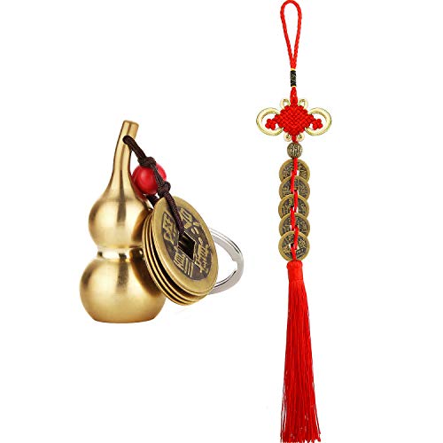 2 Pieces Chinese Coins Feng Shui and Brass Wu Lou Health Amulet Gourd Keychain Chinese Knot Lucky Charms Red String 2025 for Good Luck Fortune Wealth Health Success to Friends Families Lovers