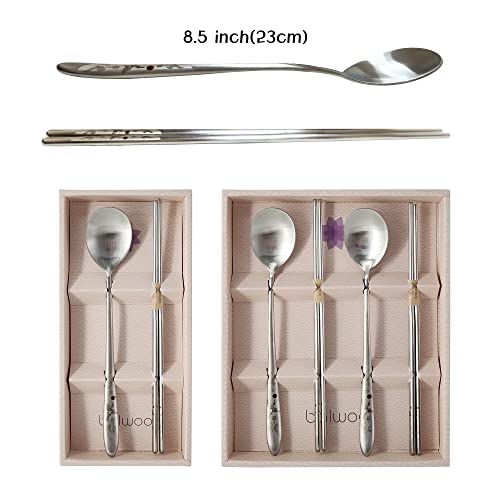[VACUUM][2 Sets][Made in Korea] Flying Crane Design Spoon and Chopsticks Set, Vacuum Light Weight Cutlery, 304 Stainless Steel Flat Chopsticks Matt Surface Flatware (White 2 Sets)