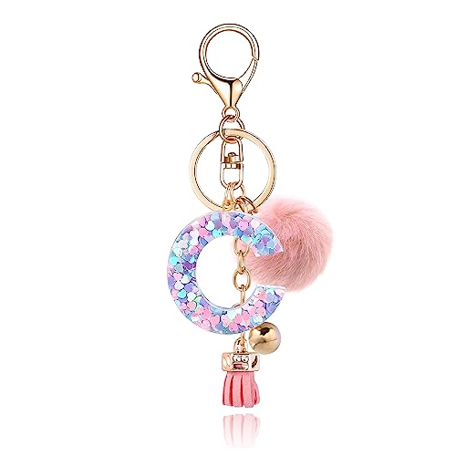 Resin Alphabet Initial Letter Keychain Keyring for Women Purse Handbags With Fur Ball Pom - color: Pink Fur Ball Letter C